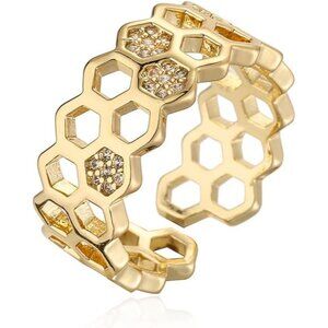 Cubic Zirconia Bee Honeycomb Ring Open Engagement Statement Wedding Stacking Fin